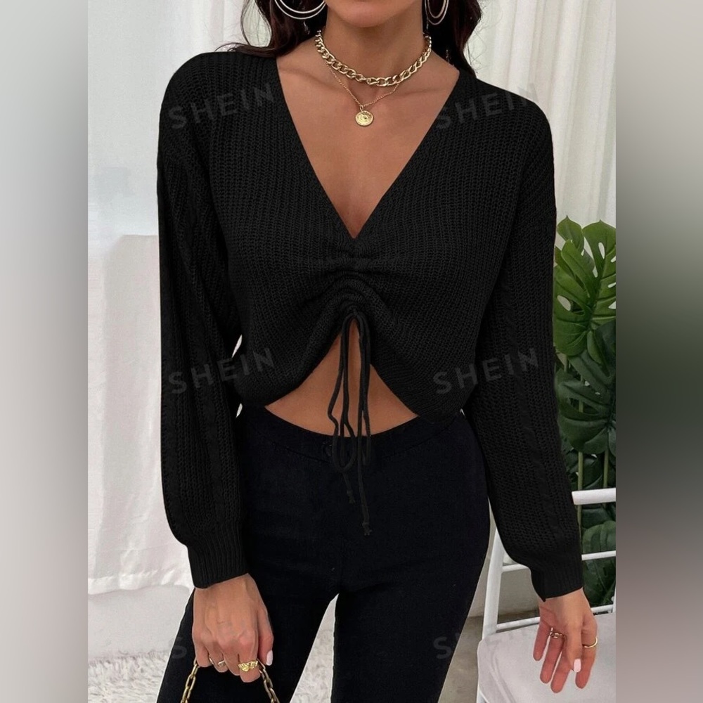 Lantern Drawstring Cropped Sweater